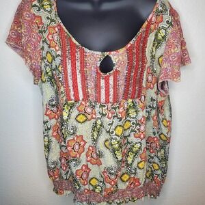 One World Blouse 1X Scoop Neck Red Multicolor Floral Paisley Rayon Shirt Womens